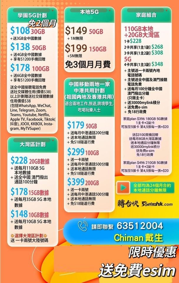 中國移動 2024 限時優惠 中港兩地共用特別優惠$179 50GB中港共用 $149 5G 50GB $199 150GB時免3個月送20000分(價值$200） 送至2GB大灣區 學生5G計劃$138 50GB送$1200買機回贈 送免費esim cover